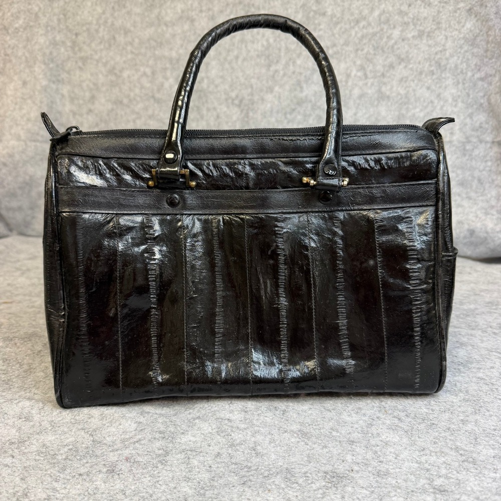 Vintage Black Eel Skin Satchel Handbag Gold Tone Hardware Exotic Leather Bag